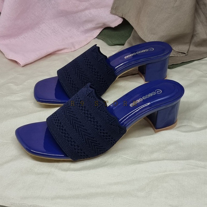 R9 sepatu pesta wanita Selop Rajut Hak Tahu 5 CM Heels Import