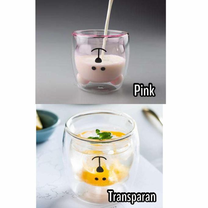 Promo Bulan Ini Gelas Kaca Double Wall Beruang / Gelas Import Lucu - Transparan Promo