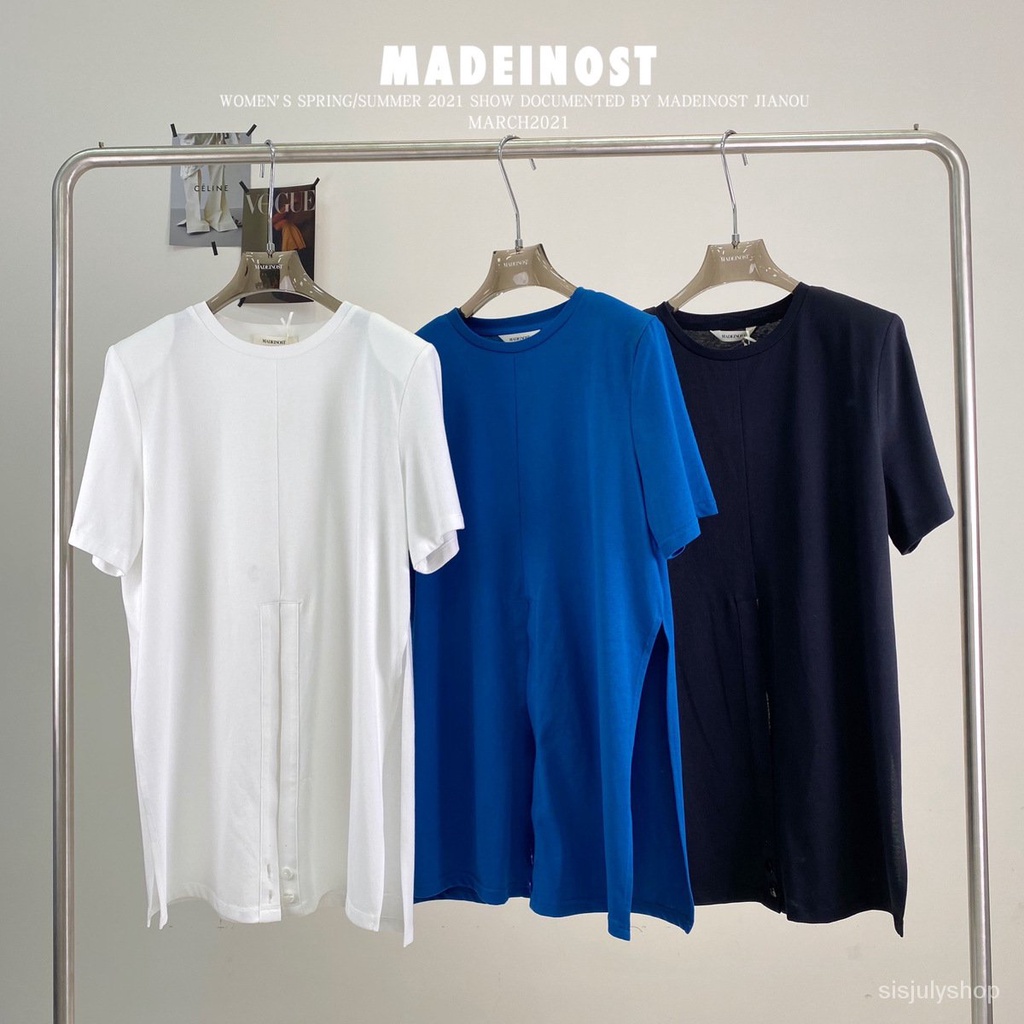 Musim panas baru desain ceruk mode sederhana dan tidak monoton warna solid celah T-shirt lengan pend