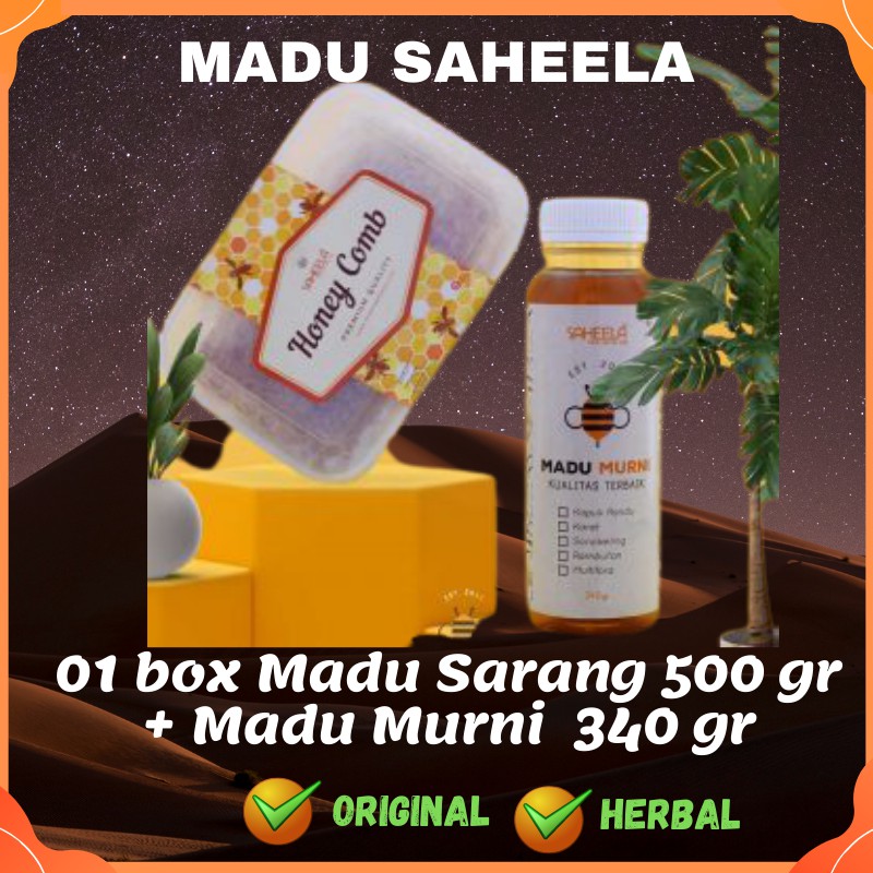 

PAKET Puas Sarang Madu Utuh Saheela 500gr dan Madu Murni 340gr Saheela | Honey Comb | Pure Honey