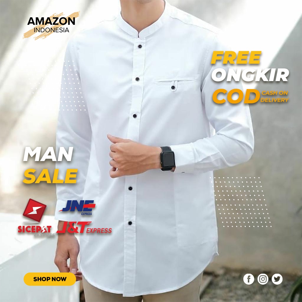 PAKAIAN MUSLIM PRIA BAJU KOKO LENGAN PANJANG CASUAL WHITE PUTIH TRENDY KAIN KATUN TOYOBO SERAP KERINGAT