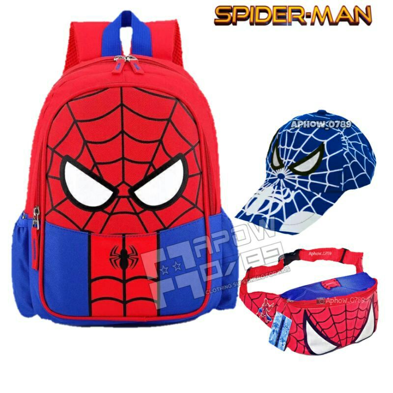 paket hemat 3in1 tas ransel waistbag dan topi karakter spiderman tas punggung anak laki laki tas selempang anak topi anak laki laki