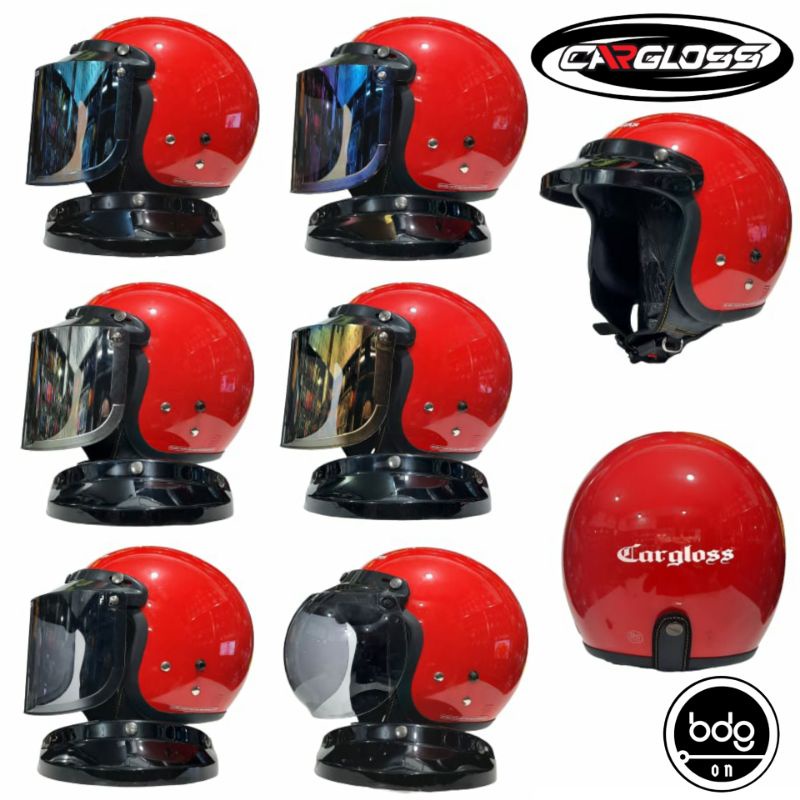 HELM CARGLOSS CFM RETRO ORIGINAL AJR RED GLOSSY + Kaca Bogo Cembung Datar Injak