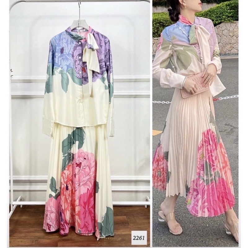 Setelan Kemeja Rok Plisket / Baju Atasan Bawahan Wanita Importt Bangkok Premium