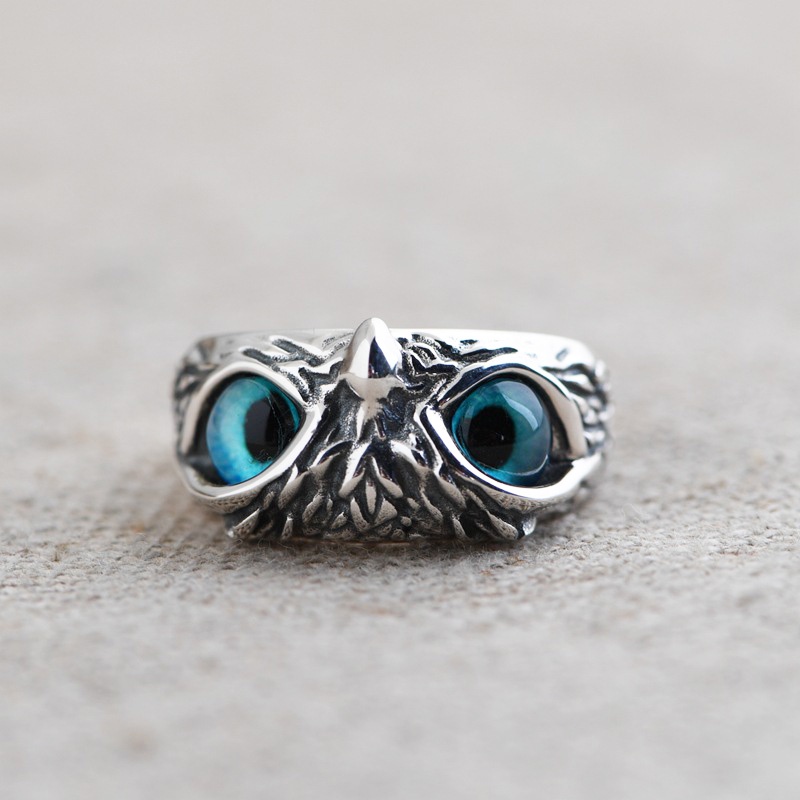 Cincin Model Terbuka Desain Burung Hantu Mata Biru Adjustable Gaya Punk Vintage Untuk Pria Dan Wanita