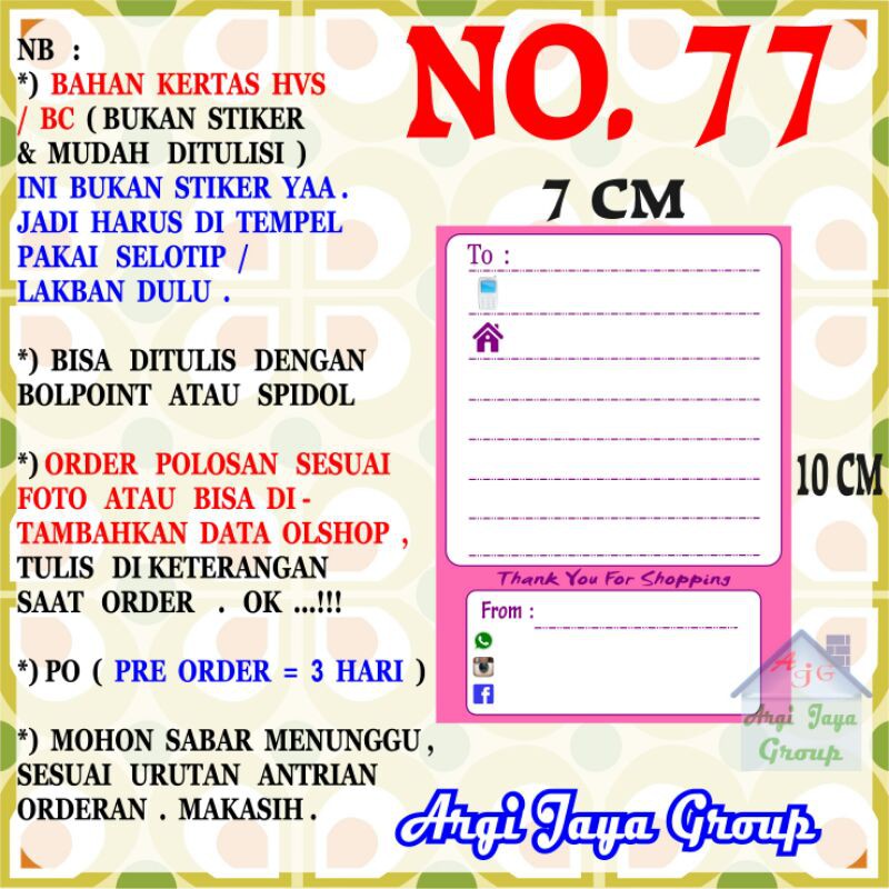 

Label Pengiriman Alamat Olshop Murah Nomer 77 - 10x7cm - Kertas BC (Manila)