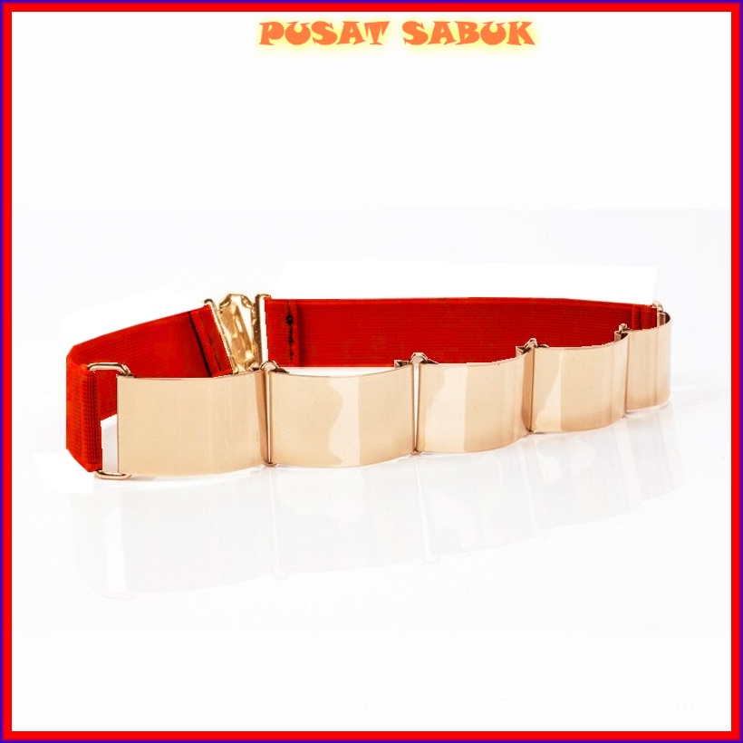 Gesper Plat GOLD Sabuk Karet Obi Ikat Pinggang Elastis Wanita Fashion Import Emas Women Belt 3 Hitam