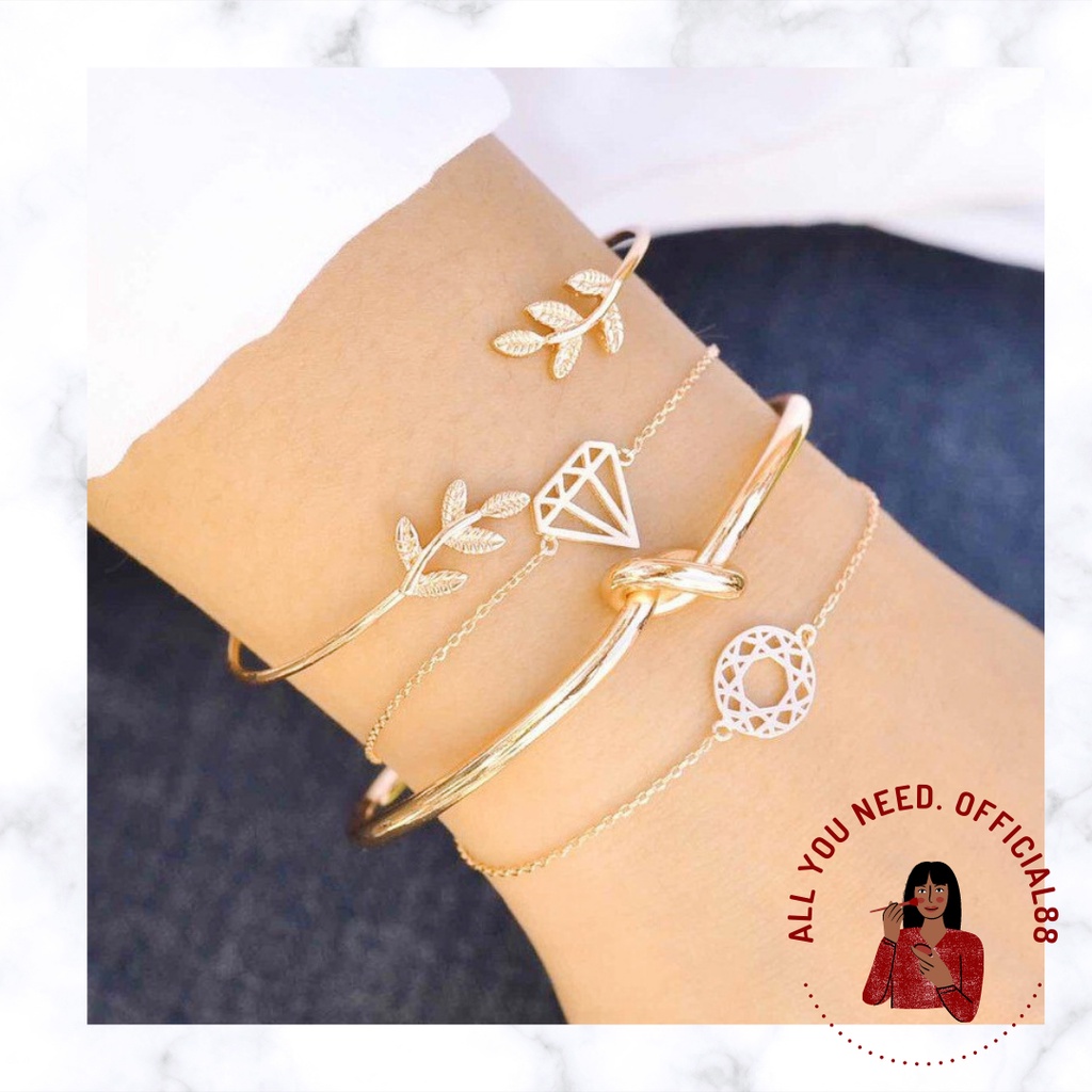 ✿AYN✿ 4Pcs / Set Gelang Vintage FA127 Simple Elegan Motif Daun Berlian Hollow cantik kekinian