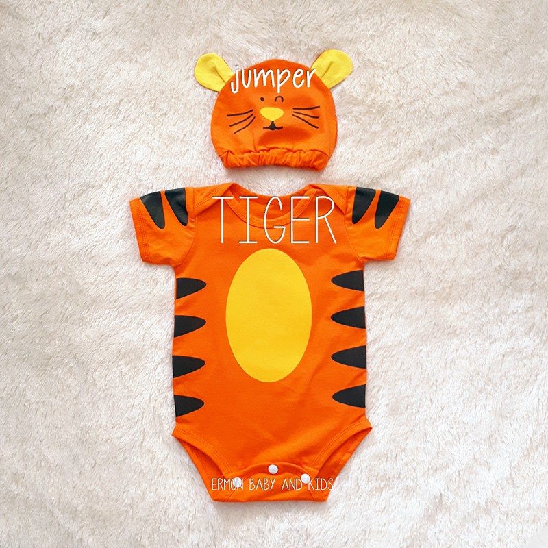 Ermon Baby - Baju Bayi Laki Laki Jumper Baby Cowok Lucu Karakter Macan Tiger + Topi usia 0 - 12 Bulan