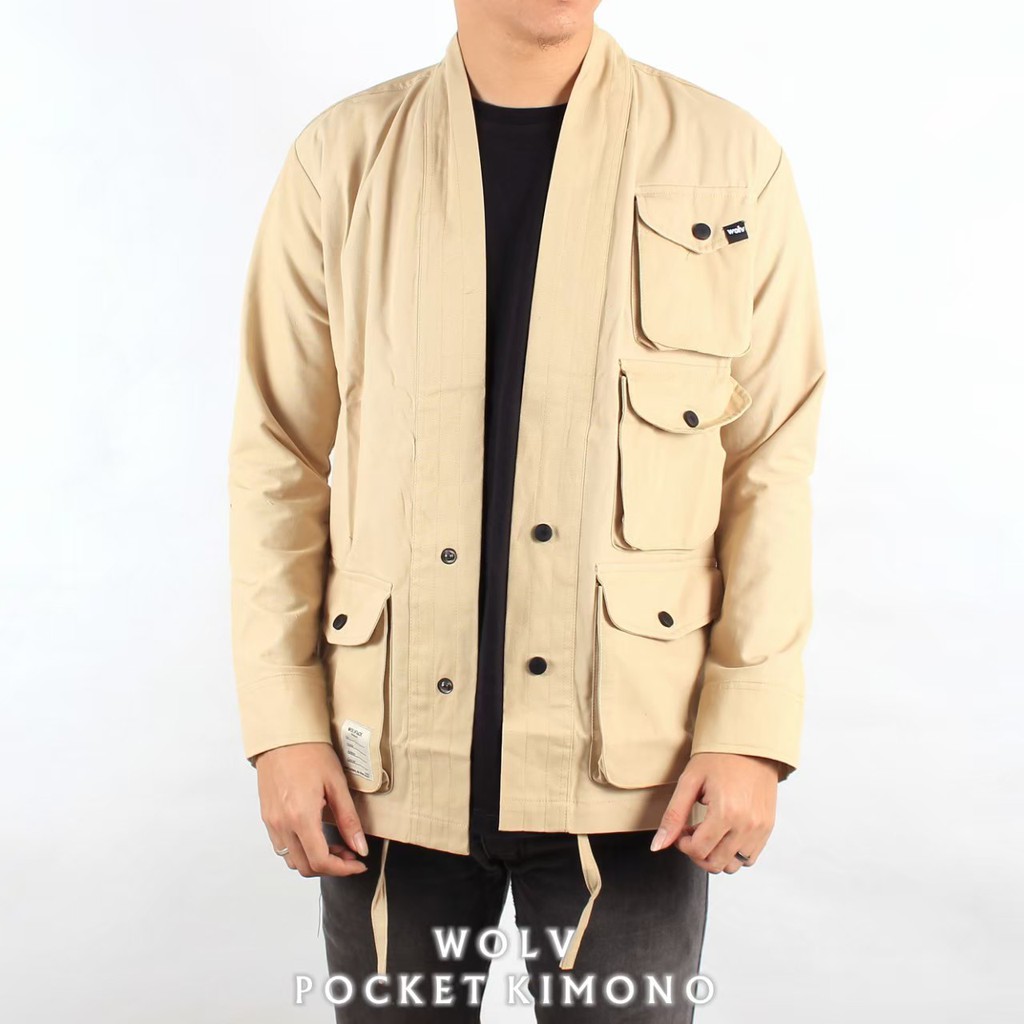 WOLV ORIGINAL KIMONO KEMEJA POCKET Pakaian pria canvas kemeja kimono warna CREAM seri art KMS304