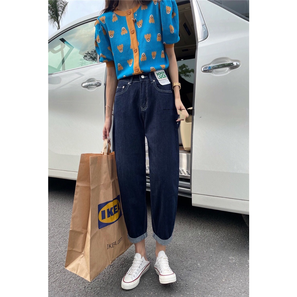 【 Penawaran Istimewa 】New Import Celana Panjang Boyfriend Jeans Wanita Highwaist Biru gelap