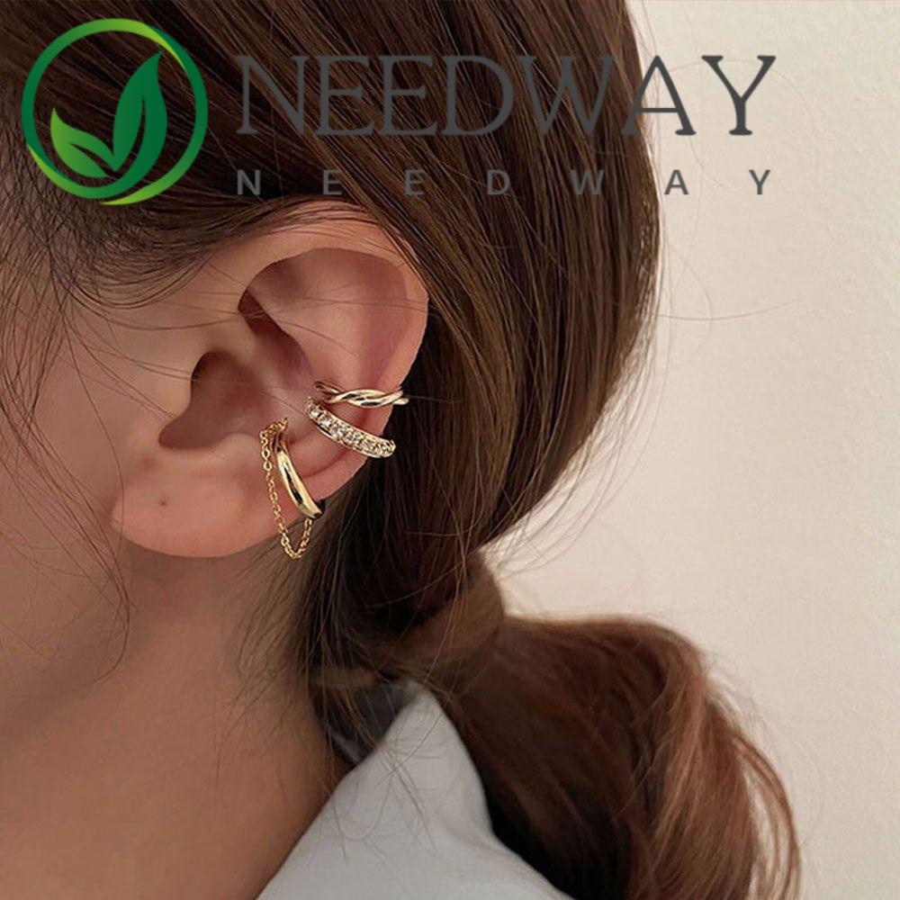 3pcs / Set Anting Stud Klip Rantai Bahan Alloy Gaya Minimalis Aneka Warna