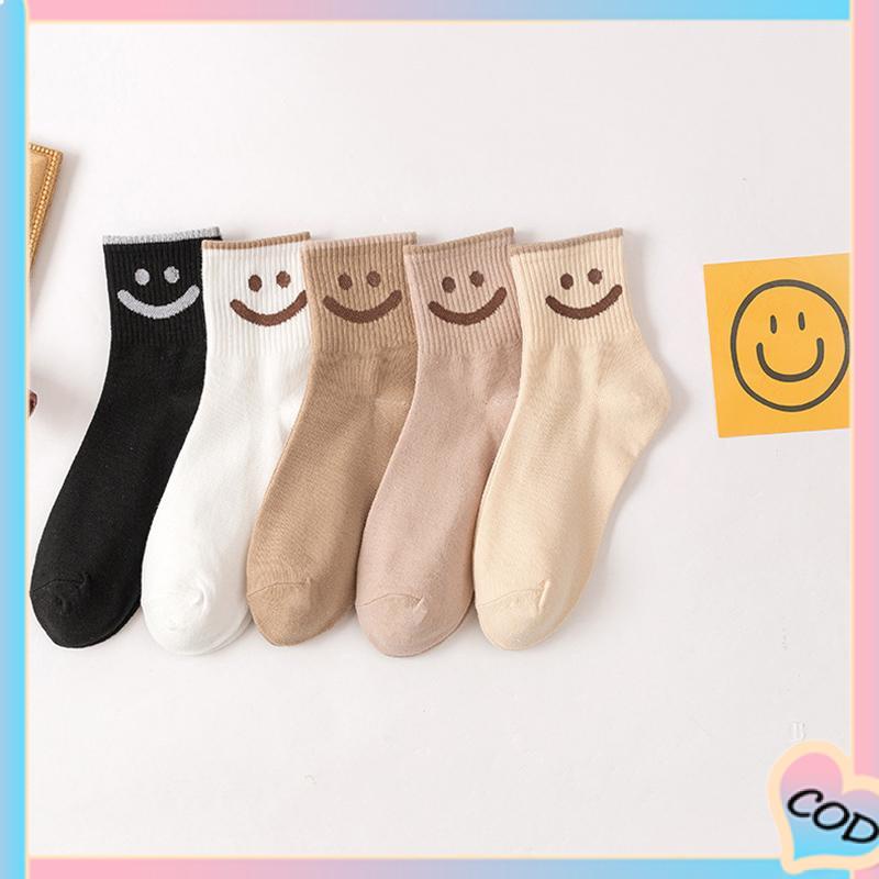 COD❤️ Kaus Kaki Wanita Mid-tube Cute Smiley College Style Kaus Kaki Trendi Musim Gugur Musim Dingin Musim Semi Musim Panas-A.one