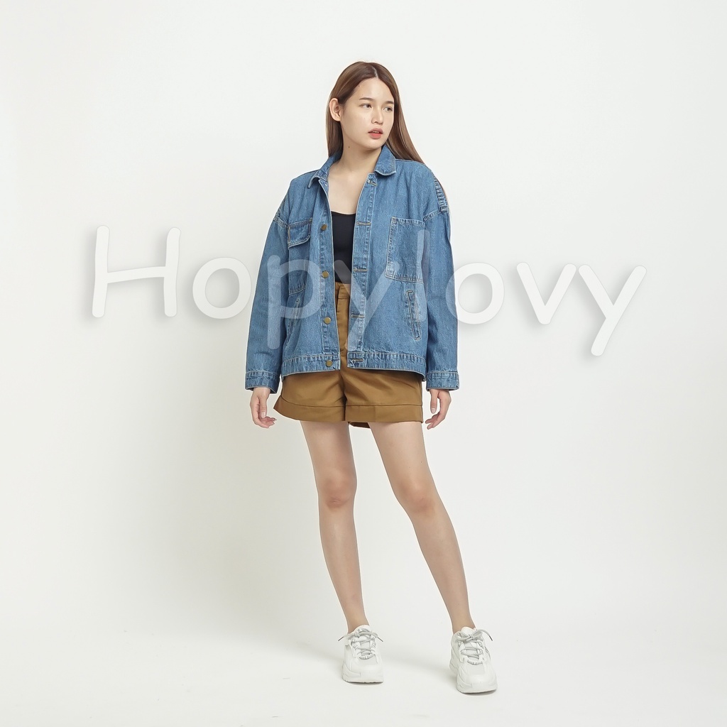 Jaket Jeans Wanita | jaket Jeans Oversize | Pocket Printing Denim Jacket Izzi - HOPYLOVY