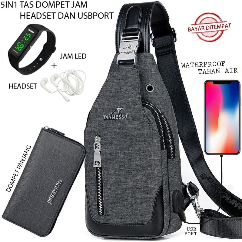 tas slempang pria TANMESSO 6in1 BAYAR DITEMPAT-BONUS JAM LED,DOMPET & NUTDRIVER&HEADSET&USBPORT- PRI