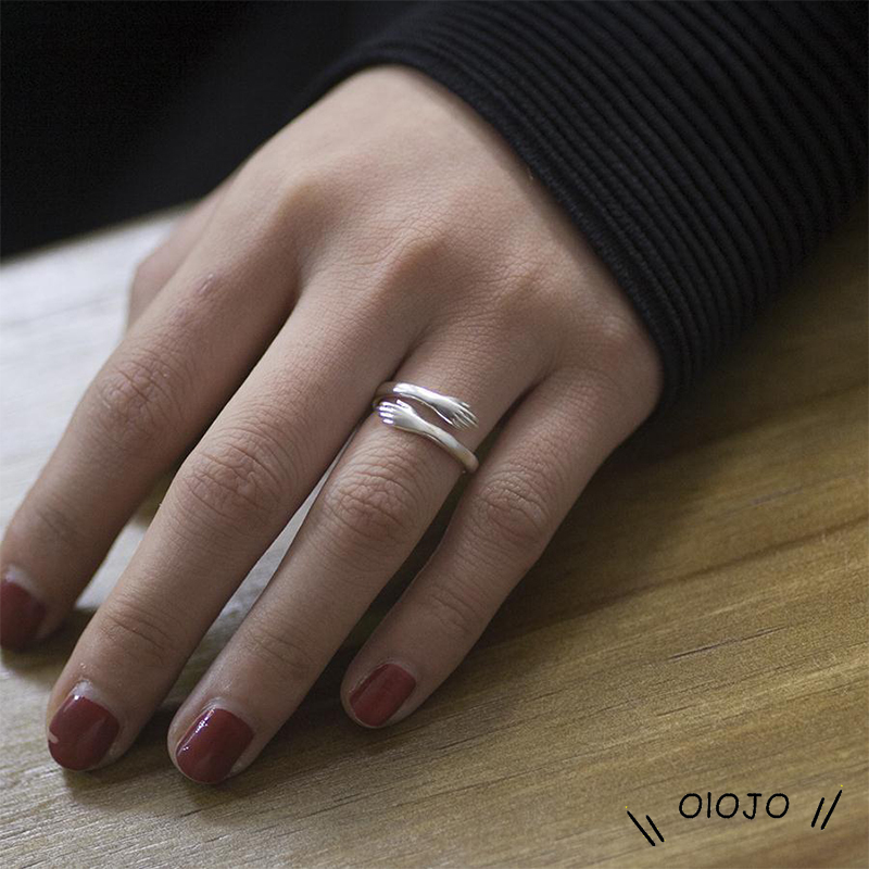 Hot New 925 Sterling Silver Eropa Dan Amerika Perhiasan Cinta Pelukan Cincin Retro Mode Pasang Arus Cincin Terbuka-ol