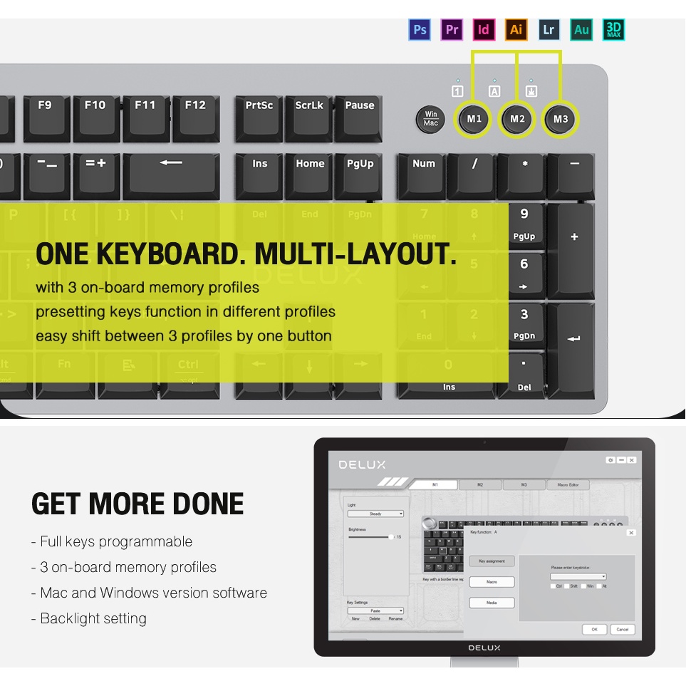 Delux KS100 Designer Multimedia Keyboard Backlit Adobe Photoshop