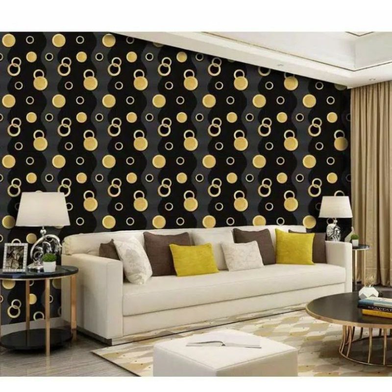 WALLPAPER DINDING MOTIF POLKADOT GOLD DASAR HITAM ABU