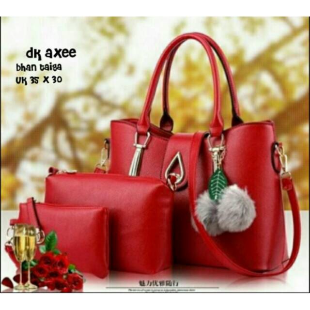 Fashion handbag 3in1 airbesar free pompom murah / tas wanita