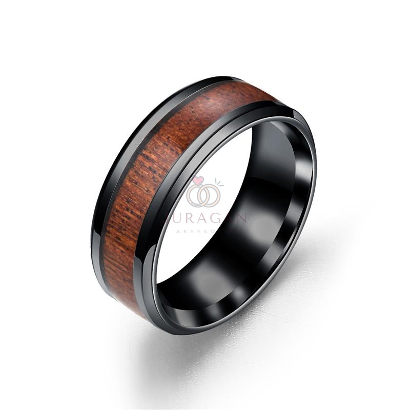 [UKIR NAMA] Cincin Titanium Pria Black/Silver Wood Ring BONUS Gelang