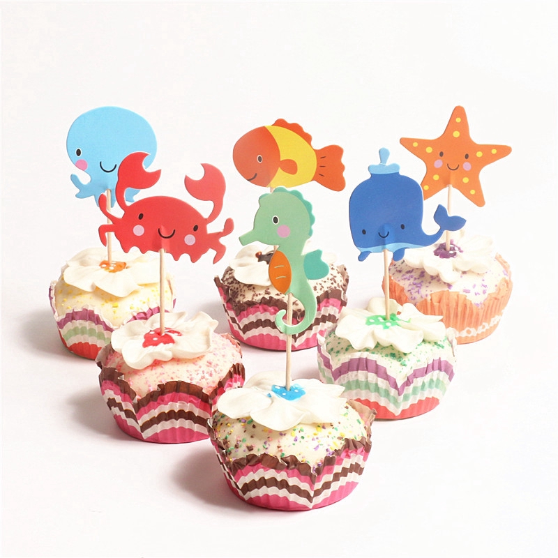 24 pcs lot Hewan Laut Tema Kartun Cupcake Puncak Anak 