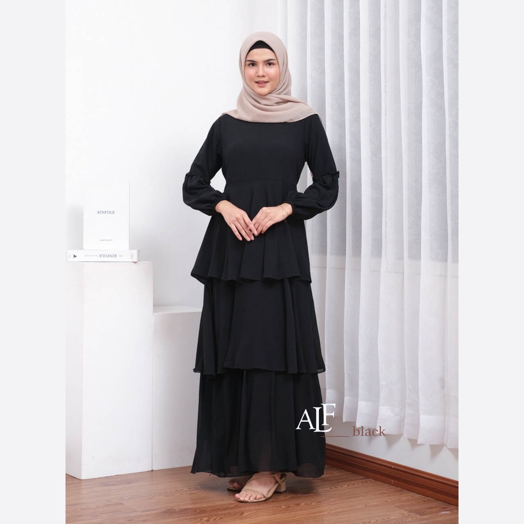 Jelita Dress Black by Alfaina Gamis Susun Hitam Ceruty Babydoll