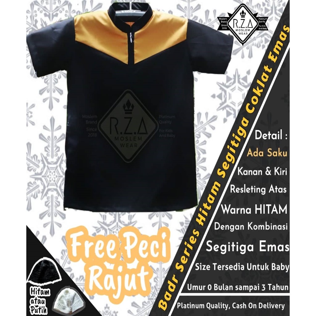 Koko Kurta Instan Anak Badr Gold Hitam dengan Segitiga Coklat Emas Aqiqoh Lahiran Baby Kemeja