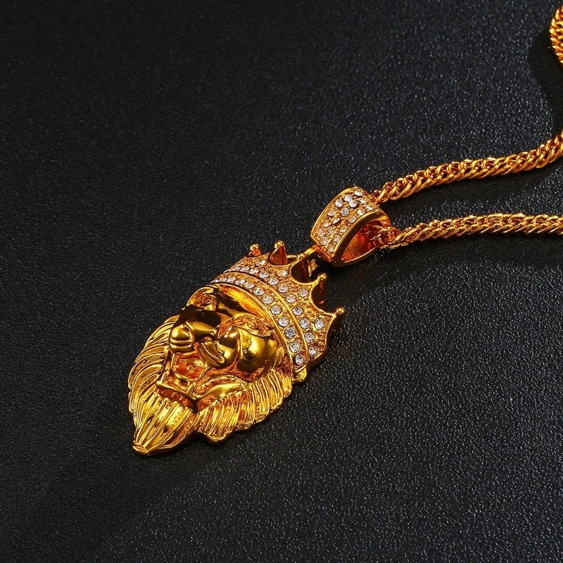 [Ready Stock]Fashion New Gold-Plated Diamond Crown Lion's Head Pendant Necklace