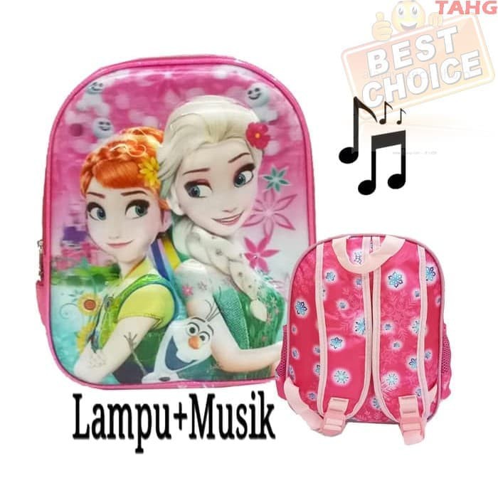 Tas Anak TK Ransel LAMPU + Music Import Frozen 5D Timbul Hologram