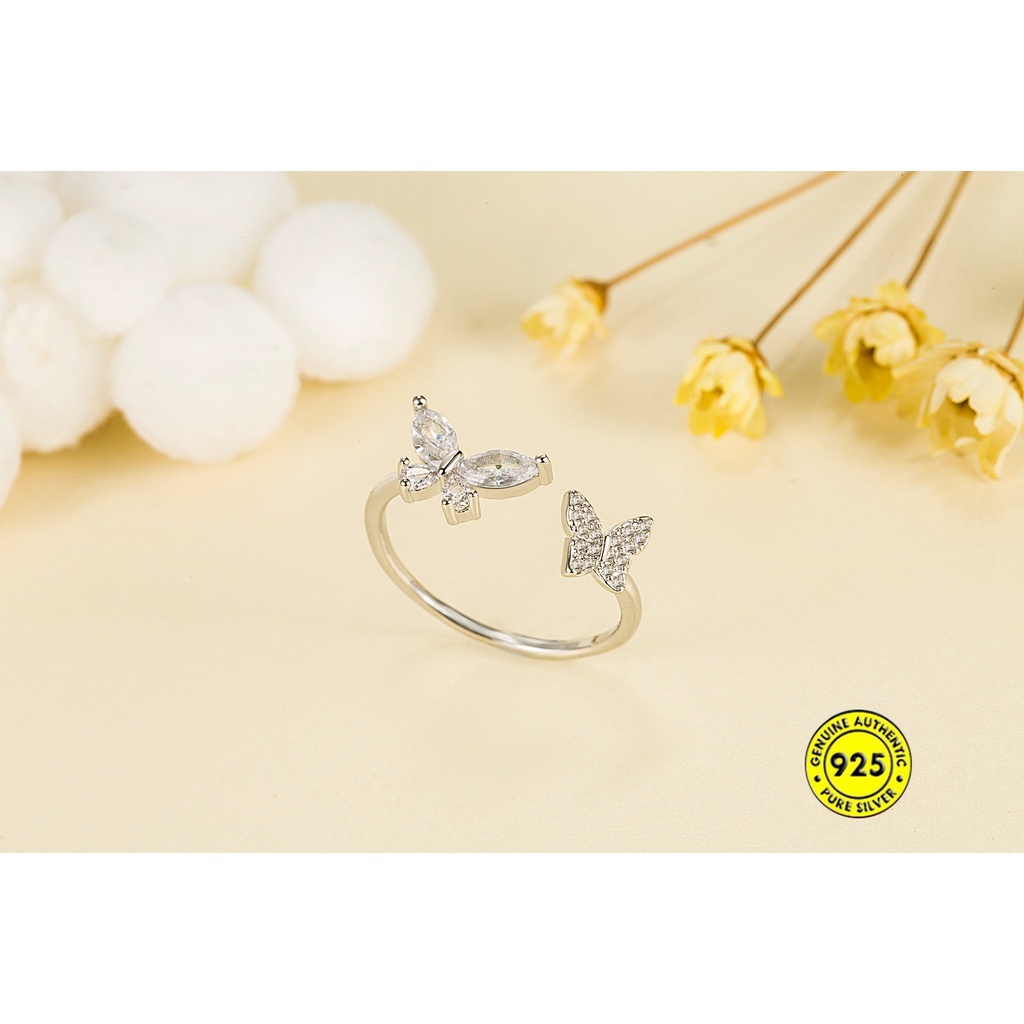 Cincin Model Terbuka Desain Double Butterfly Bahan S925 Silver Aksen Zircon Untuk Wanita