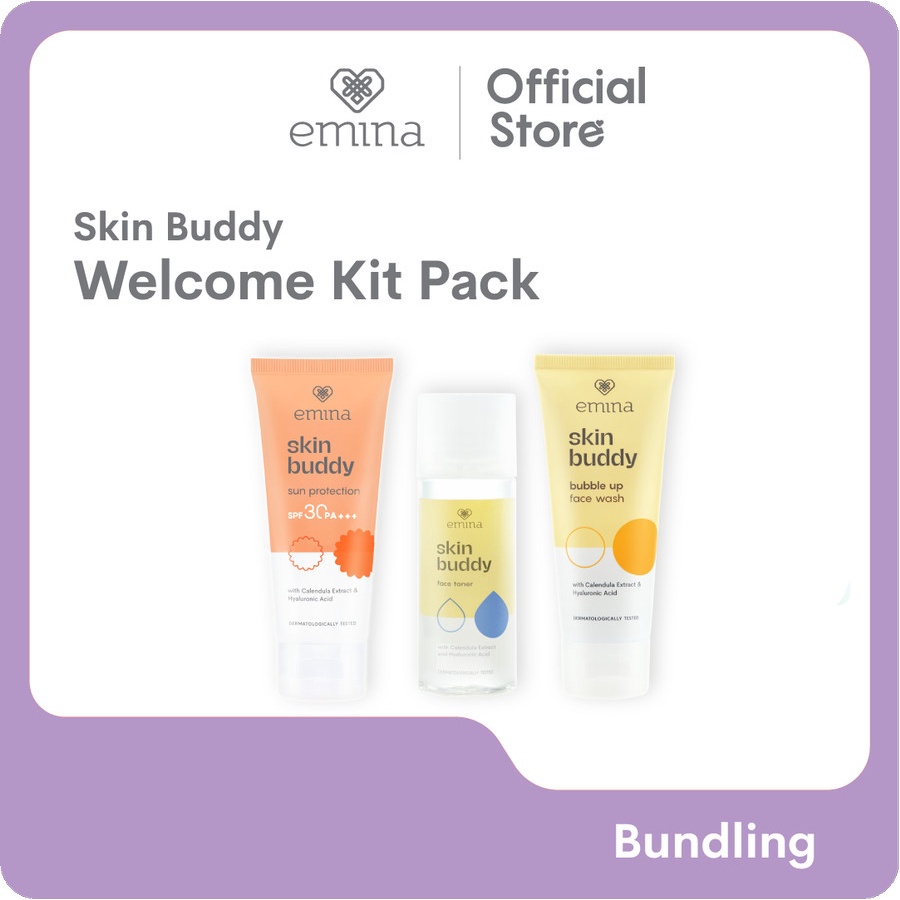 Emina Skin Buddy Welcome Kit Pack - Face Wash, Toner, dan Sunscreen (Skin Buddy Bubble Up Face Wash 60 ml+ Skin Buddy Face Toner 100 ml+ Skin Buddy Sun Protection SPF 30 PA+++ 60 ml)