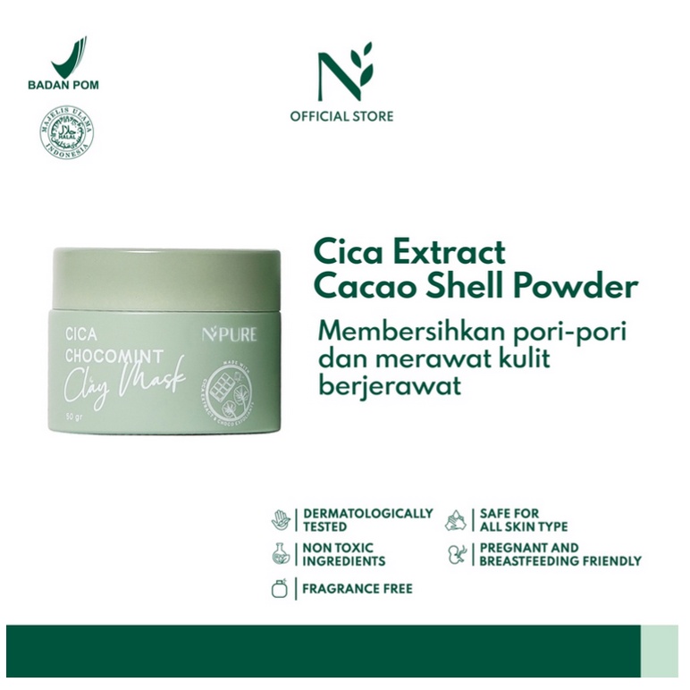 B11 N'PURE cica centella clay mask masker wajah face jerawat anti acne bruntusan beruntusan perawatan anti aging murah original asli npure scrub peel minyak dry oily skin berminyak kering kulit pelembab sheet kecantikan anak ibu dewasa cowo cewe chocomint