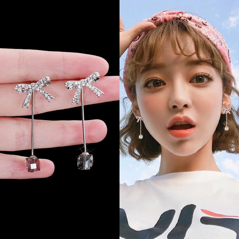 Gaya Korea rumbai busur Crystal block perak pin anting-anting gadis anting-anting anting-anting temp