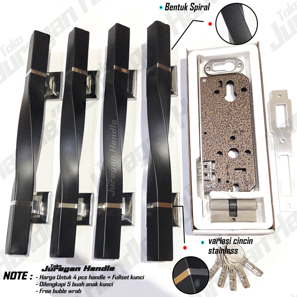 paket lengkap handle pintu rumah 35 cm dan kunci pintu tarikan pegangan pintu minimalis gagang pintu set kunci model spiral hitam