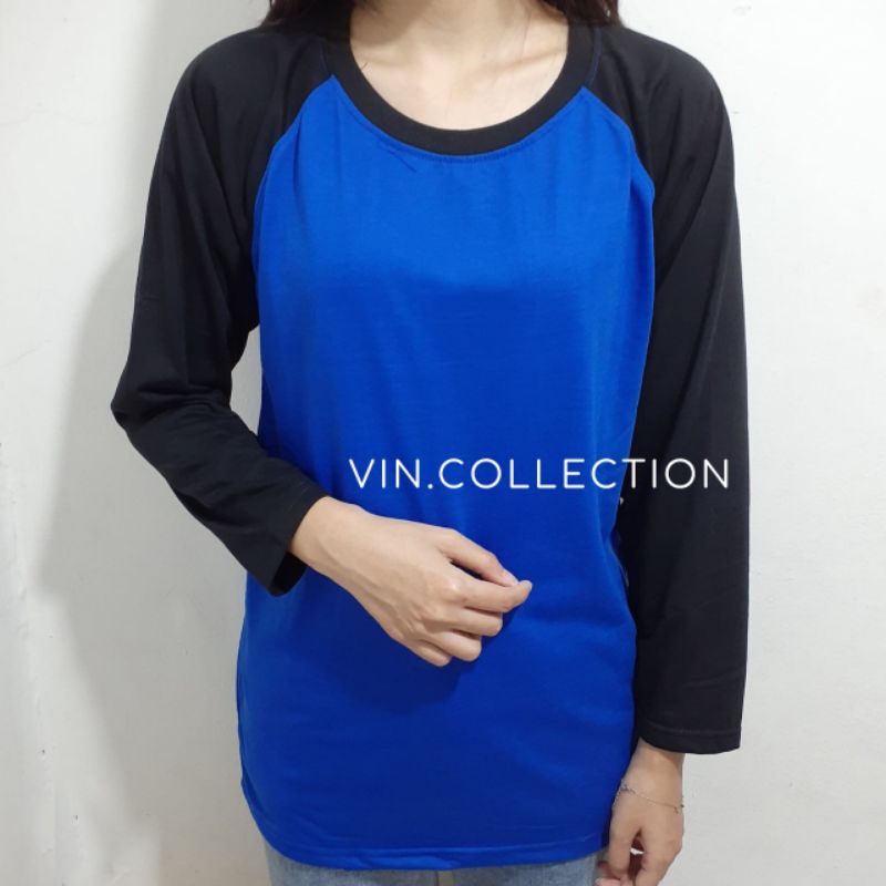 kaos polos raglan pria wanita - biru benhur kombinasi hitam