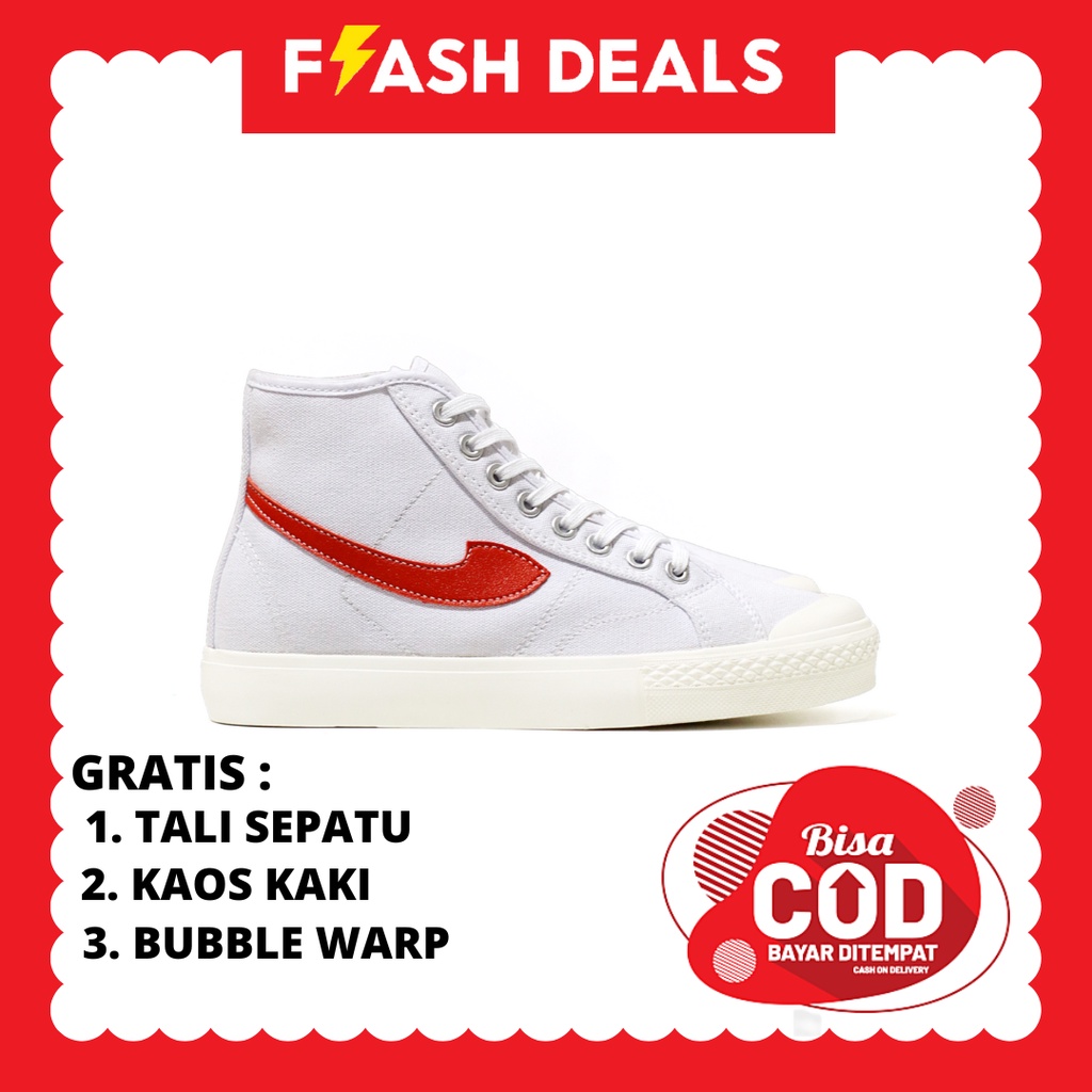 ORIGINAL 100% Sepatu Lokal Kasual Pria Wanita No Brand White Red Hi Not Sneakers Compass Gazelle Put