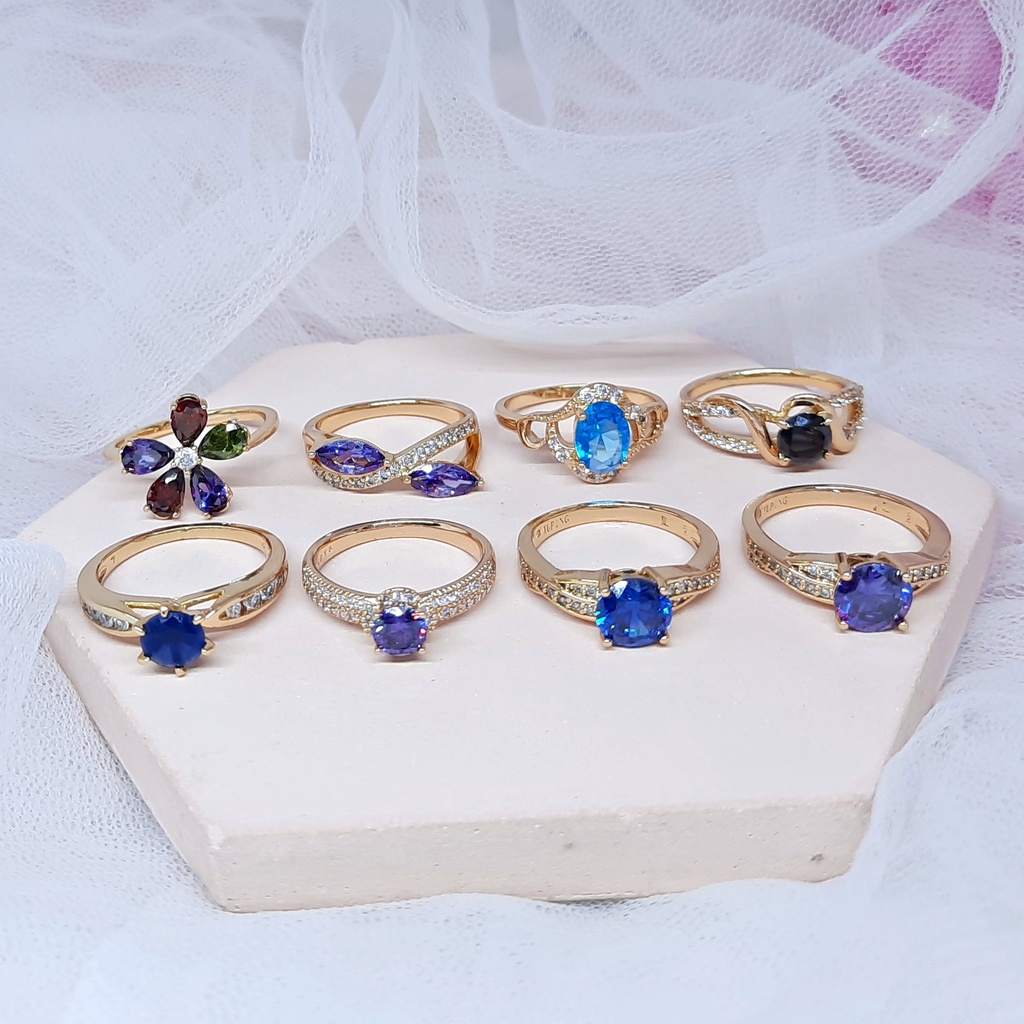 Cincin Merek Xuping Asli Lapis Emas Batu Ungu Hitam Biru Permata Pesta - BR406