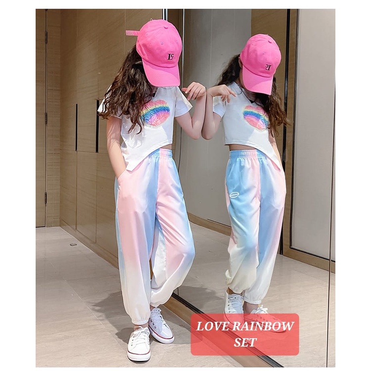 LOVE RAINBOW SET BAJU SETELAN KASUAL ANAK REMAJA PEREMPUAN KAOS CELANA JOGER KOREA IMPORT