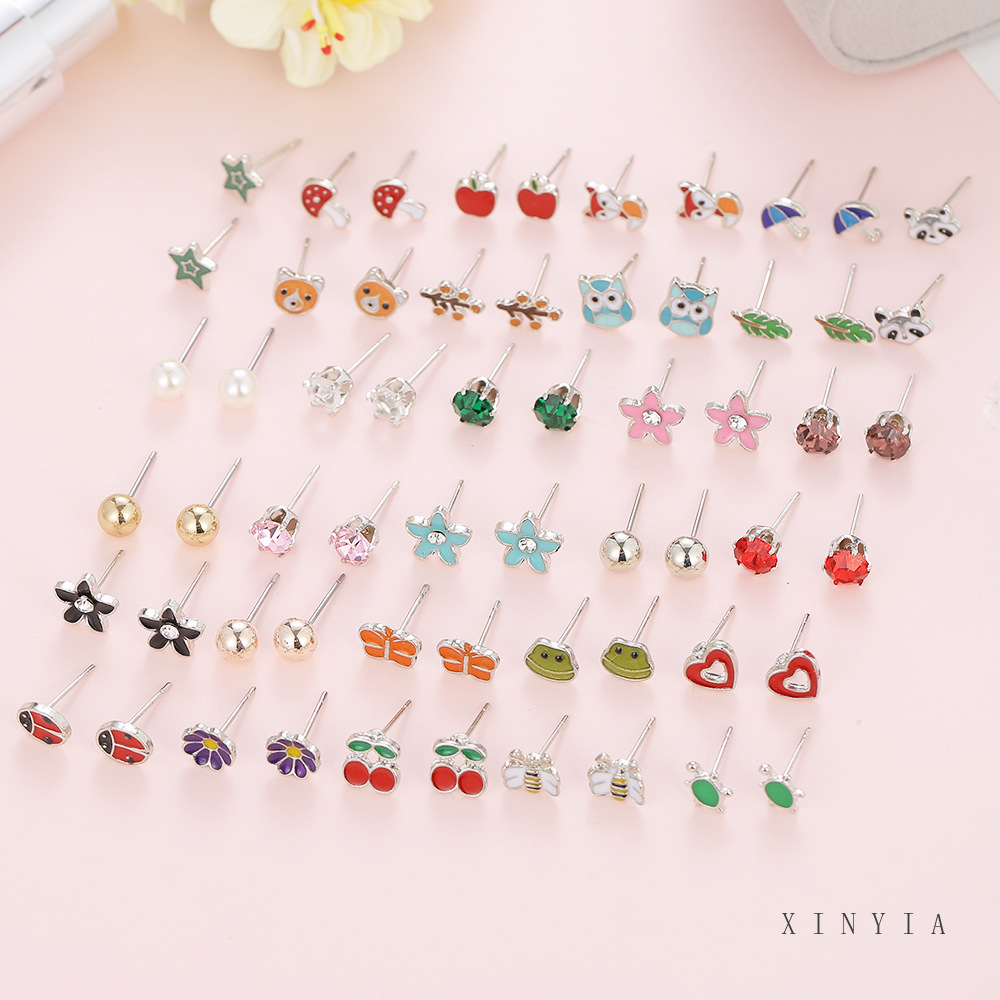 30 Pasang Anting Tusuk Hewan Lucu Warna Campuran Fox Frog Dan Set Anting Jamur