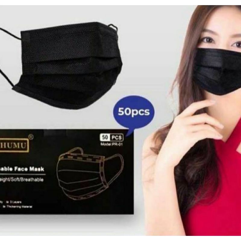 Masker 3 Ply Disposable Face Mask HITAM Isi 50pcs PLUS BOX