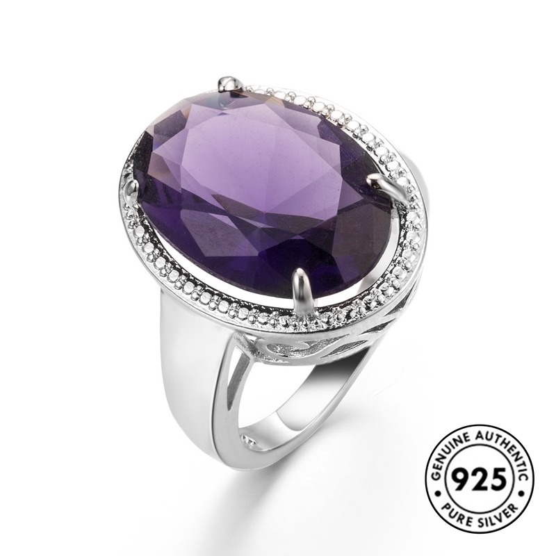 Cincin Silver S925 Hias Batu Permata Amethyst Besar Elegan Untuk Wanita