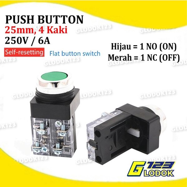 Push Button TAB 25MM PB2501 PB2511 2 4 Kaki Tombol On Off Merah Hijau