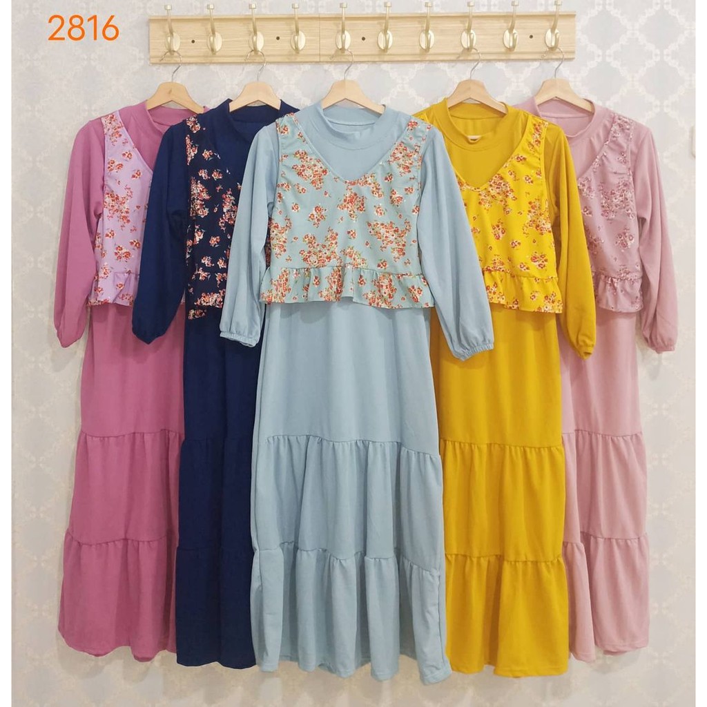 Gamis rompi motif polos dan bunga bahan voxy merk adella (2816)