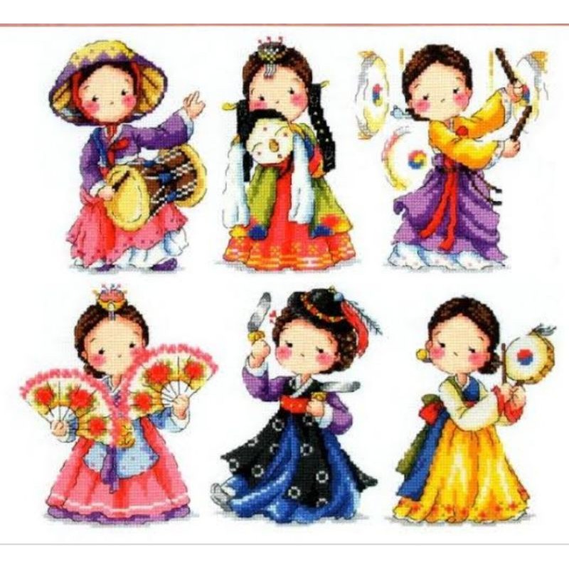 DIY paket kristik korean kartun gadis korea tradisional dancer alat musik penari cross stitch kit 14
