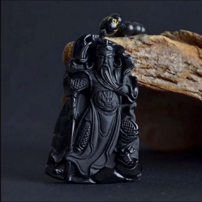 kalung liontin giok hitam natural ukiran Guan Yu Kwan Kong Guan Gong Kwan Ie