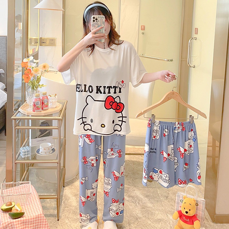 Baru set Baju Tidur Wanita Dewasa Oversize Piyama Bahan Kaos Celana Panjang & Pendek Setelan Baju Tidur 3IN1 Setelan Piyama-Under Hello Kitty