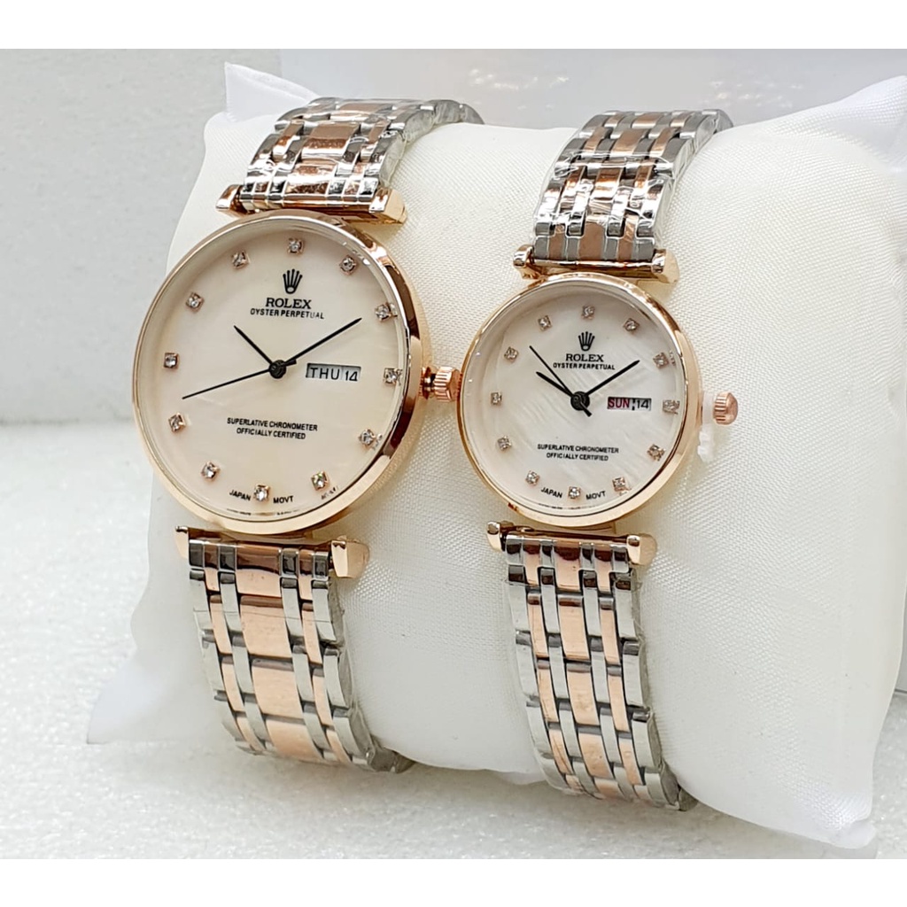 JAM TANGAN COUPLE ROLEX I170 TALI RANTAI HARI TANGGAL AKTIF DM 4.0CM &amp; 3.0CM FREE BOX  || JAM TANGAN FASHION PRIA WANITA