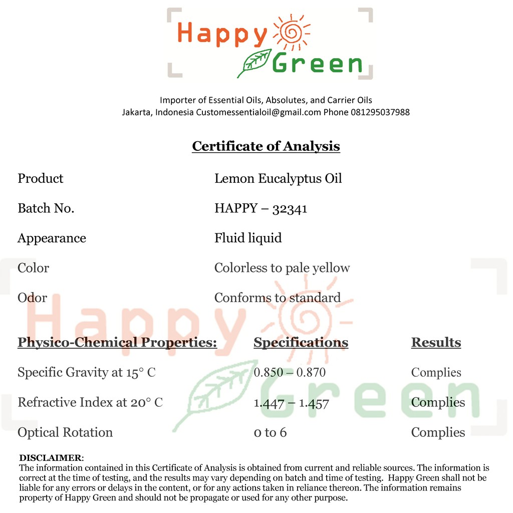 Happy Green ORGANIC Eucalyptus Lemon Essential Oil - Eucalyptus Citriodora 100%
