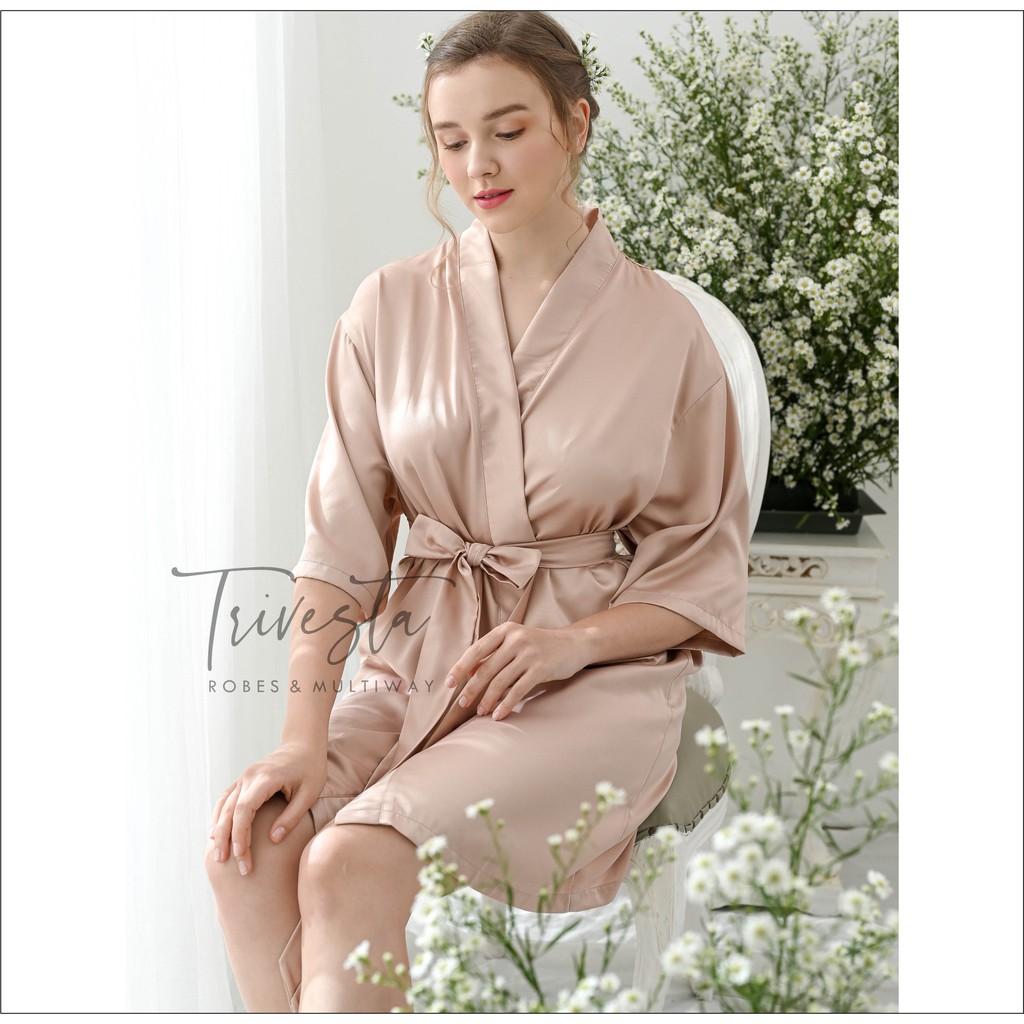 Trivesta Robes - Basic Robe Nude - Kimono Robe Bridesmaid Satin + Free Bordir (Tulisan Bebas Bisa Nama)