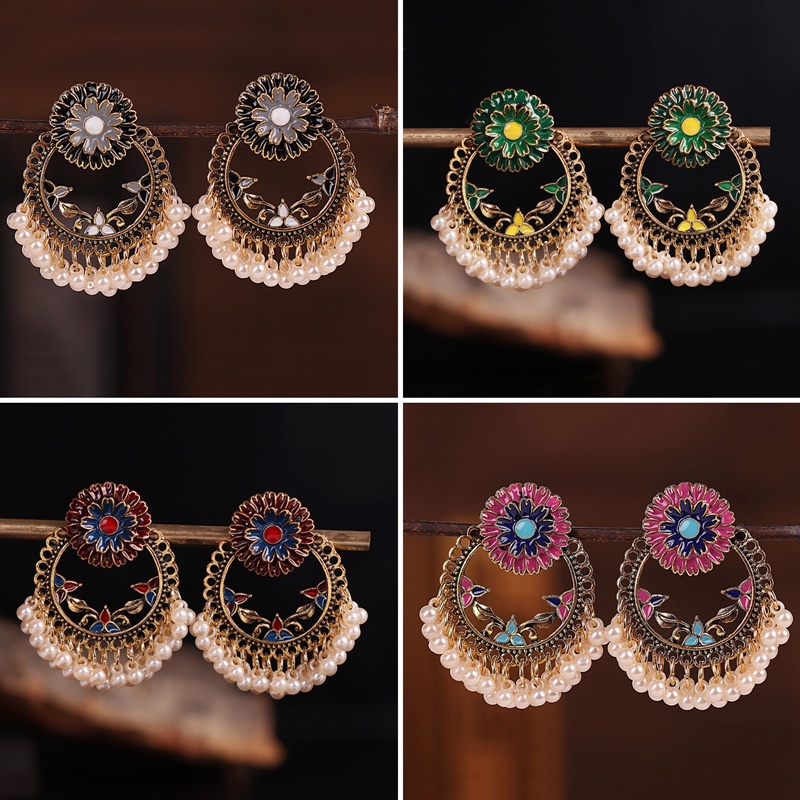 Anting Tusuk Gantung Wanita Desain Bunga Aster Enamel + Mutiara Gaya Indian / Bohemian Handmade Untuk Pesta